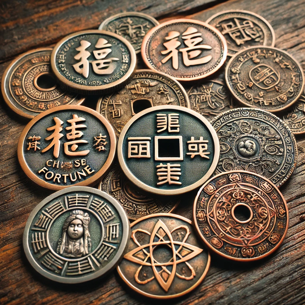 A collection of ancient fortune coins from different cultures, including Chinese, Roman, and Middle Eastern coins. Each coin features distinct engravings and symbols representing wealth, luck, and protection. The Chinese coin has a square hole in the center with intricate characters, the Roman coin depicts a figure of prosperity, and the Middle Eastern coin has ornate geometric patterns. The coins are arranged on an antique wooden surface, capturing a sense of cultural history and mysticism.